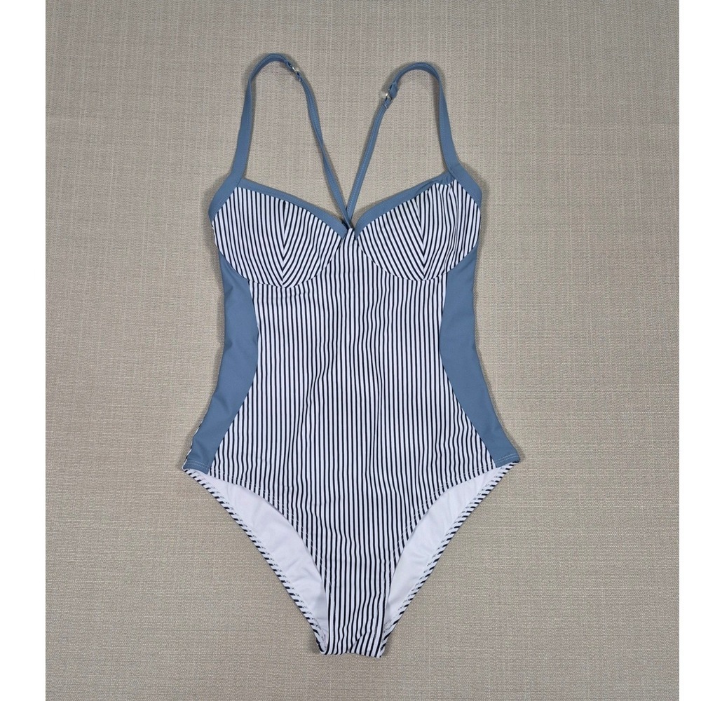 SUUKSESS Womens Tummy Control One Piece Swimsuit Blue White Striped Size L NWOT
